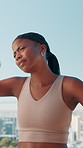 Fitness, black woman and tired with sweating outdoor for workout fatigue, exercise recovery and cardio break. Runner, athlete and breathing for endurance challenge, marathon performance and exhausted