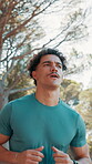 Running, fitness and health with man in nature for wellness, marathon practice and training. Workout, sports athlete and exercise with person outdoor for speed challenge, race performance and cardio