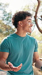 Fitness, talking and friends with laughing in nature for funny conversation, running break and workout joke. Rest, runner group and people with discussion for cardio chat, support and happy outdoor