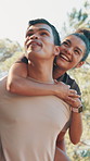 Nature, couple and piggyback with walking for fitness, sightseeing and bonding with conversation. Outdoor, carrying and man with woman for relationship, exercise break and laughing with pointing