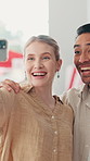 Couple, selfie and happy at dealership for car, shopping and excited for post on internet at store. People, man and woman with photography, smile and social media for vehicle purchase at showroom