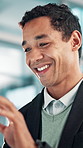 Office, happy and business man on tablet for social networking, connection and email notification. Corporate, professional and worker on digital tech for website, research and financial planning