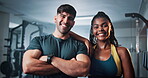 Face, personal trainer and people with arms crossed, gym and confident for wellness, smile and routine. Happy, woman and man with pride for fitness in health club, athlete and instructor in USA