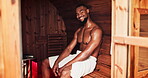Sauna, face or black man sweating in gym for muscle recovery, post workout or health in fitness center. Detox therapy, cramp prevention or happy athlete with wellness, towel or smile in steam room