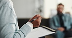 Clipboard, hand and psychologist with patient on sofa in office for mental health question. Medical report, pen and clinical counsellor with person for information for depression diagnosis with notes