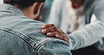 Hand, shoulder of patient and therapist in office together for counseling, mental health or support. Empathy, psychology or trust with counselor and person in session for grief, loss or pain closeup