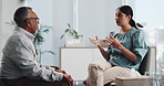 Therapist, woman and senior man with counselling, talk and support for mental health at clinic. People, psychology and elderly patient with discussion, guide and advice for anxiety in retirement