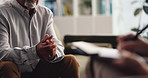 Counseling, hands or writing with patient and therapist in office for assessment or review. Clipboard, consulting or psychology with person talking to medicine professional in session for therapy