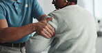 Physiotherapist, hands and old woman with arm pain, massage or injury recovery. Patient, consultation and chiropractor for physical therapy, medical rehabilitation or help for body health in clinic