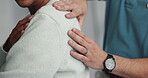 Physiotherapist, hands and person with shoulder pain, massage or injury recovery. Physical therapy, consultation or chiropractor with patient for medical rehabilitation, body health or help in clinic