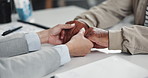 People, comfort and holding hands in therapy for help, sympathy and kindness. Counseling, psychology and support with psychiatrist closeup for care, trust and empathy with understanding in clinic