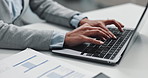 Typing, documents and hands of person on laptop for planning, checklist and online report. Professional, corporate and closeup of worker on computer for research with paperwork for proposal schedule