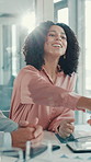 Happy woman, clapping or shaking hands in job interview with smile or deal for opportunity or hiring. Handshake, meeting or manager greeting candidate for company employment or recruitment process