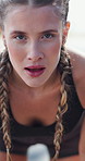 Tired woman, fitness or breathing with break for intense workout, training or outdoor exercise. Exhausted, female person or runner with rest or determination for recovery, health and wellness at park
