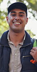 Hiking, travel and face of man in nature for explore, adventure and environment tour guide. Backpacking, eco destination trip and trekking with person in forest for wellness, peace and fitness
