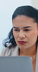 Business, laptop or woman with doubt in office for financial decision, funding approval or solution. Finance manager, concentration or reading revenue report for project investment or risk management