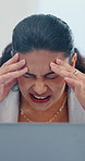 Business woman, laptop or headache with pain for vertigo, dizziness or pressure at office. Frustrated, female person or employee with computer, migraine or anxiety for overworked stress or eye strain