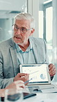 Presentation, tablet screen and businessman in office with statistics, graphs or charts for finance. Technology, meeting and mature male financial analyst with data for company investment planning.
