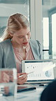 Presentation, tablet screen and businesswoman in office with charts, graphs or statistics for finance. Technology, meeting and female financial analyst with data for company investment planning.