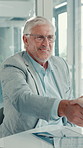 Mature man, meeting or handshake in job interview with contract or manager for opportunity or hiring. Shaking hands, clap or employer greeting candidate for company employment or recruitment process