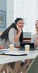 Success, teamwork and tablet with people in meeting for high five, support and marketing campaign. Profit margin, engagement metric and target audience with employees in office for branding project
