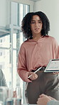 Presentation, tablet screen and businesswoman in office with statistics, graphs or charts for finance. Technology, meeting and female financial analyst with data for company investment planning.