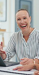 Laughing, idea and planning with business woman in office for research, discussion or feedback. Brainstorming, project update and support with employee in agency for report, funny and meeting