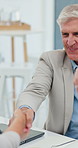 Businessman, meeting and applause with handshake for interview, deal or agreement at office desk. Man, executive or manager shaking hands and clapping with smile for business partnership or b2b