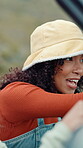 Woman, friends and point in car for road trip for destination, travel adventure and vacation. People, laugh and vehicle for transport journey, sightseeing view and bonding together of getaway holiday