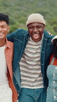 Hug, face and friends with smile, outdoor or happy for summer break on vacation, laughing and gen z. Embrace, people and together on holiday for tourism, reunion and bonding in nature on weekend