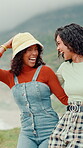 Hug, women and friends with smile, laughing or happy for summer break on vacation, outdoor or gen z. Excited, people and together on holiday for tourism, embrace and bonding in nature on weekend
