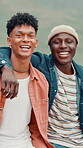 Face, friends and men with smile, hug or happiness for summer break on vacation, together and gen z. Outdoor, people and bonding on holiday in nature, embrace and reunion on weekend and laughing