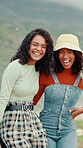 Hug, women and friends with smile, outdoor or happy for summer break on vacation, laughing or gen z. Face, people and together on holiday for tourism, embrace and bonding in nature on weekend in USA