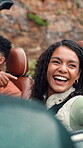 Woman, friends and laugh in car for road trip for destination, travel adventure and vacation. People, freedom and vehicle of transport journey, sightseeing fun and bonding together of getaway holiday