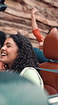 Singing, happy and friends in car with road trip for travel adventure, celebration and freedom. Gen z, people and dancing in convertible for holiday journey, bonding together and listening to music