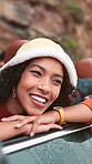 Happy, woman and relax in car for road trip for drive, travel adventure and vacation. Person, rest and friends in vehicle for transport journey, sightseeing and bonding together for getaway holiday