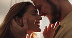 Home, funny and couple with love, smile and bonding together with relationship. Apartment, happy people and man with woman, romance and marriage with humor, joke and affection with weekend break