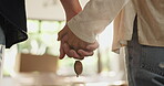 Holding hands, keys or couple in new house with closeup, investment together or loan success. Moving, marriage or people in relationship with security, support or real estate for relocation or love