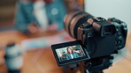 Woman, video camera and screen with online tutorial for content creation or streaming tips at home. Closeup, female person or influencer with live recording or technology display for digital course