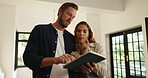 Couple, talking and scroll on tablet at new house for planning, online shopping and renovation ideas. People, discussion and digital for research, interior design and decoration for remodeling choice