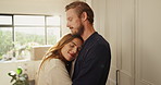 Romantic, relax and couple hug in new home with property, investment and milestone together. Moving, marriage or people in relationship with security, smile or real estate for relocation and love