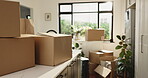 Moving, boxes and kitchen of new house, real estate and property with furniture, investment or loan. Empty, home and cardboard for relocation in apartment, mortgage and unpacking of packages in room