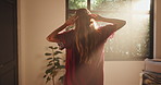 Dance, morning and back of woman by window with music for freedom, relax and happiness. Sunshine, bedroom and person in home ready to start day with energy, joy and movement for celebration