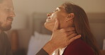Couple, touch and neck with love at house for romance, affection and connection of relationship. Smile, people and  passion with partner for special moment, bonding together and marriage commitment