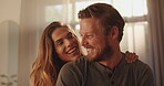 Home, laughing and couple with smile in bedroom, romance and commitment to relationship or chilling. Happy, man and woman with humor for funny joke, conversation and together with free time in house