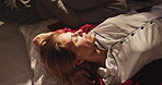Bonding, couple and relax on bed in home, above and comfortable on free time, bedroom and apartment. Rest, man and romance with woman on honeymoon, break and happy for commitment in relationship