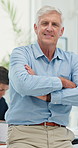 Office, mature businessman and face with arms crossed for project opportunity, about us or finance. Boardroom, male person and boss in portrait for financial agency, pride and smile for leadership