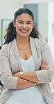 Office, business woman and face with arms crossed for project opportunity, about us and finance. Boardroom, female person and manager in portrait for financial agency, pride and smile for leadership
