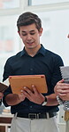 Research, tablet and planning with business people in office for teamwork, discussion or feedback. Brainstorming, project update and review with employees for digital report, progress and partnership