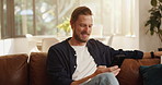 Funny, cellphone and man on sofa in home with networking, contact or social media scrolling. Notification, relax and male person with phone for connectivity, online or mobile app in living room.